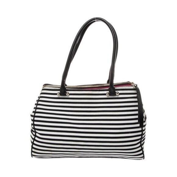 Kate Spade Black & White Striped Satchel Handbag With Pink Polka Dot Interior - Picture 3 of 5